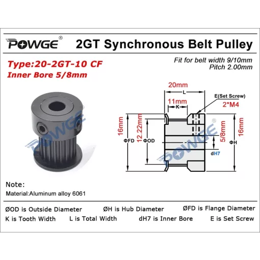 Powge GT2-20T bordáskerék 10mm